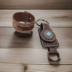 Set Of 2 Justin Leather Gifts Key Ring Holder Cuff Bracelet Cow Hide Hair